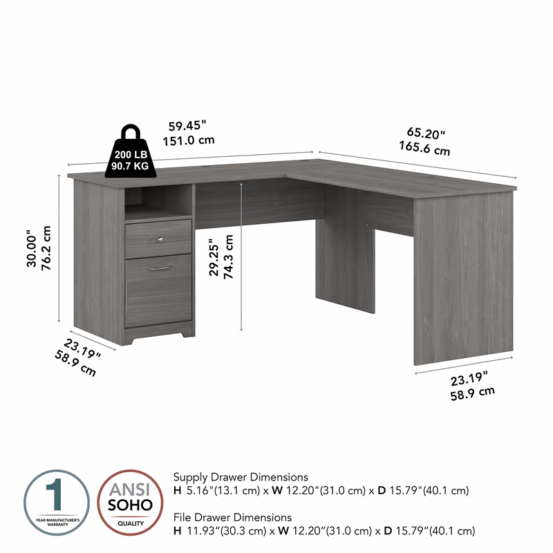 Pemberly Row Engineered Wood 60W L Shaped Computer Desk with Drawers - Gray