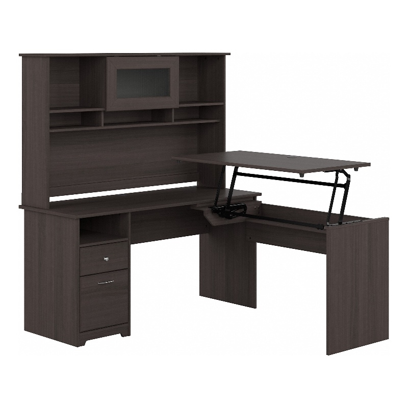 Pemberly Row 60W Sit to Stand L Desk with Hutch in Heather Gray