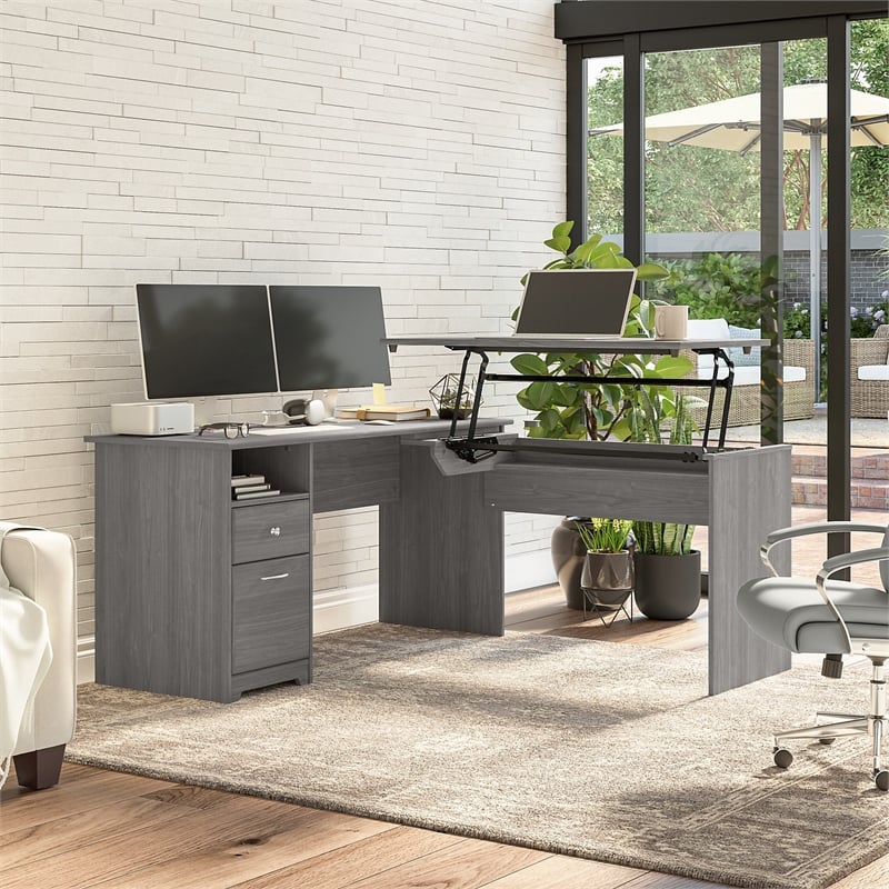 Pemberly Row Engineered Wood 60W 3 Position Sit to Stand L Shaped Desk - Gray