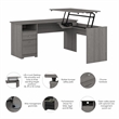 Pemberly Row Engineered Wood 60W 3 Position Sit to Stand L Shaped Desk - Gray