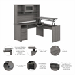 Pemberly Row Engineered Wood 60W Sit to Stand L Shaped Desk with Hutch - Gray