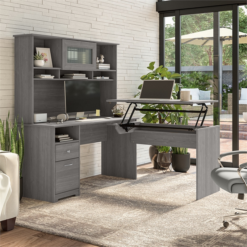 Pemberly Row Engineered Wood 60W Sit to Stand L Shaped Desk with Hutch - Gray