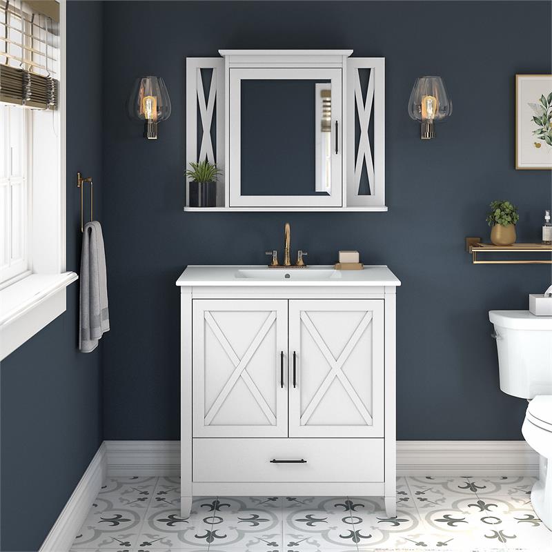 Pemberly Row Engineered Wood Bathroom Vanity Sink with Mirror in White Ash