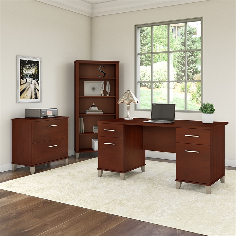 Pemberly Row 60W Office Desk with File Cabinet and Bookcase in Cherry
