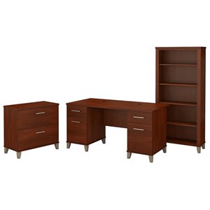 Pemberly Row 60W Office Desk with File Cabinet and Bookcase in Cherry
