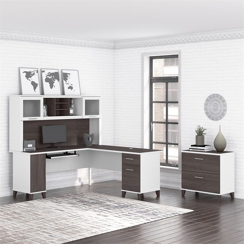 Pemberly Row 72W Desk Hutch in White and Storm Gray - Engineered Wood