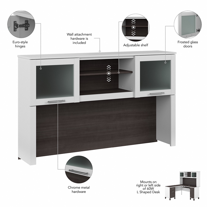 Pemberly Row 60W Desk Hutch in White and Storm Gray - Engineered Wood