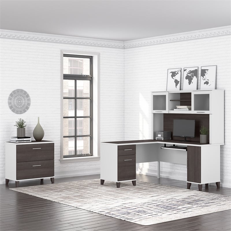 Pemberly Row 60W Desk Hutch in White and Storm Gray - Engineered Wood