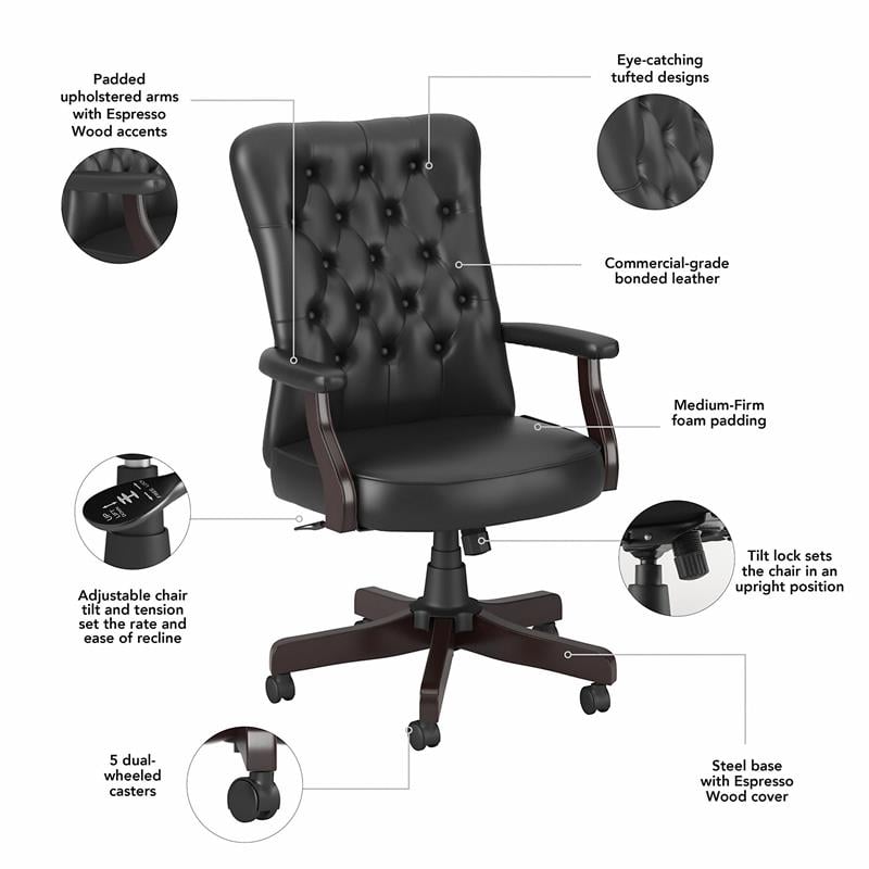 Pemberly Row High Back Tufted Office Chair with Arms in Black Leather