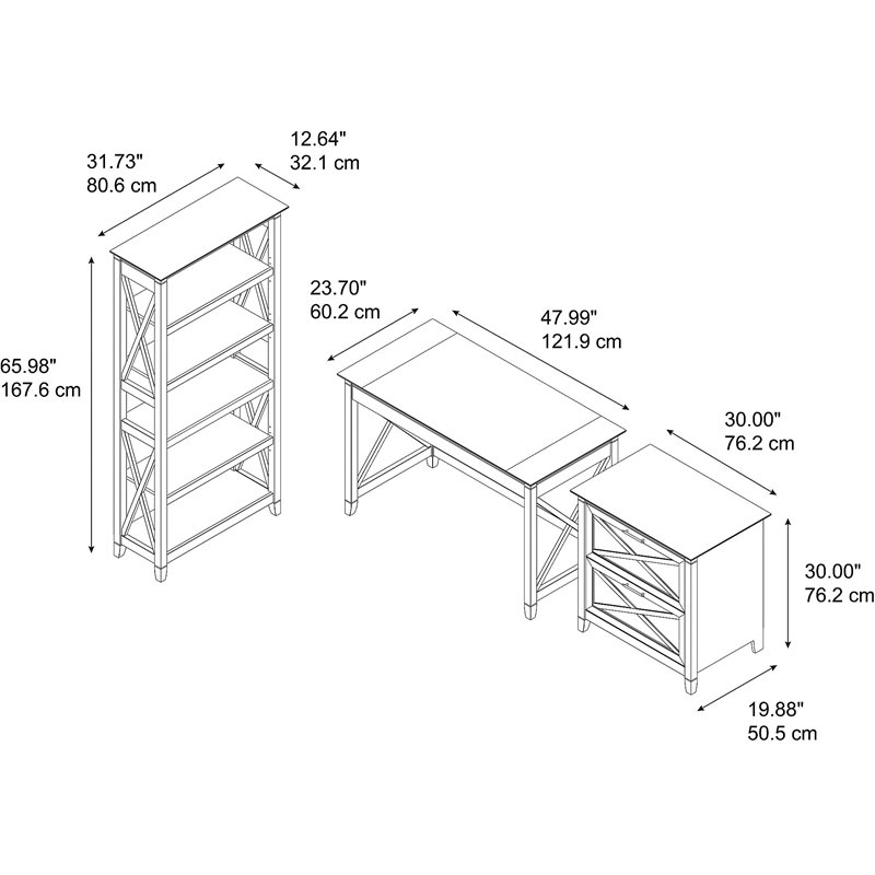 Pemberly Row 48W Writing Desk with Lateral File Cabinet and Bookcase
