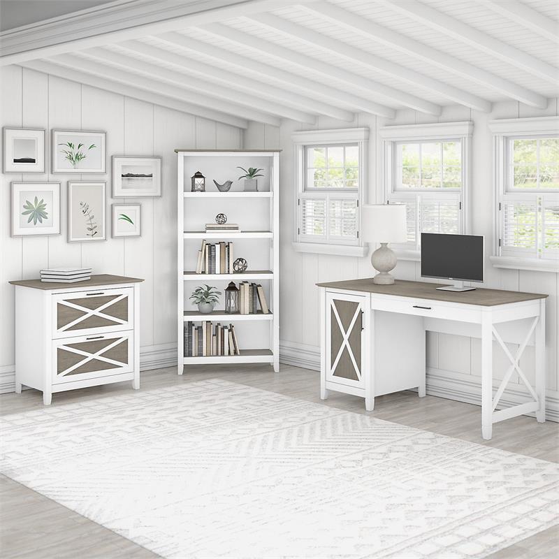 Pemberly Row Engineered Wood Desk with File Cabinet and Bookcase - White/Gray
