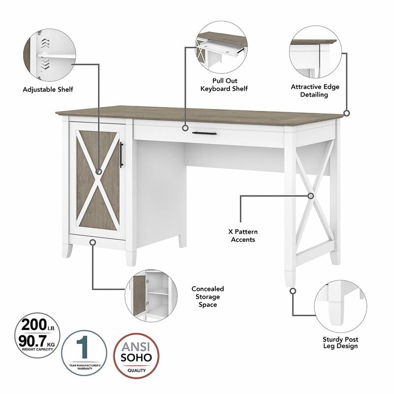 Pemberly Row Engineered Wood Desk with File Cabinet and Bookcase - White/Gray