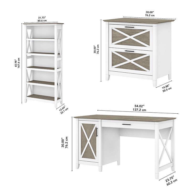 Pemberly Row Engineered Wood Desk with File Cabinet and Bookcase - White/Gray