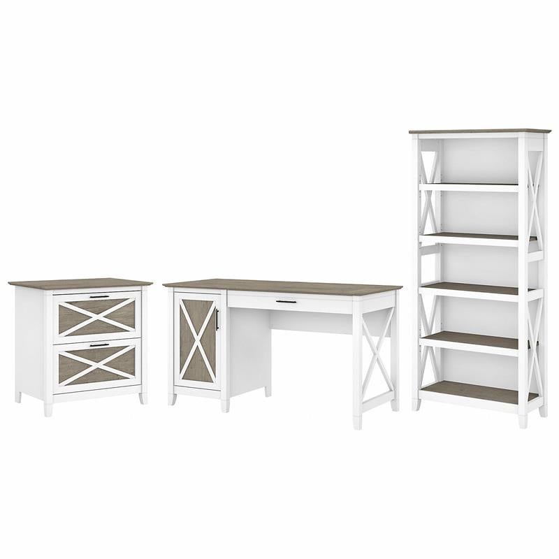 Pemberly Row Engineered Wood Desk with File Cabinet and Bookcase - White/Gray