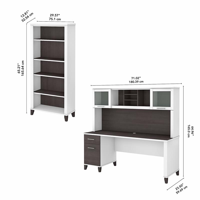 Pemberly Row 72W Desk with Hutch and Bookcase in White/Gray - Engineered Wood