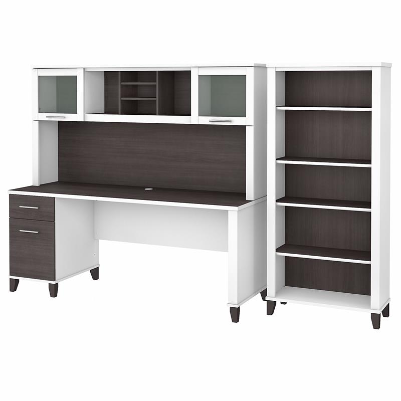 Pemberly Row 72W Desk with Hutch and Bookcase in White/Gray - Engineered Wood
