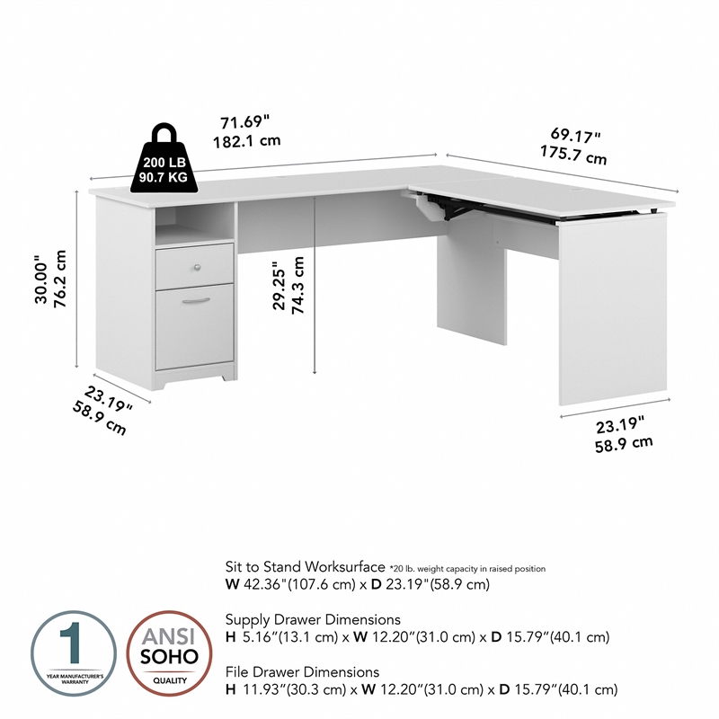 Pemberly Row 72W 3 Position Sit to Stand L Desk in White - Engineered Wood