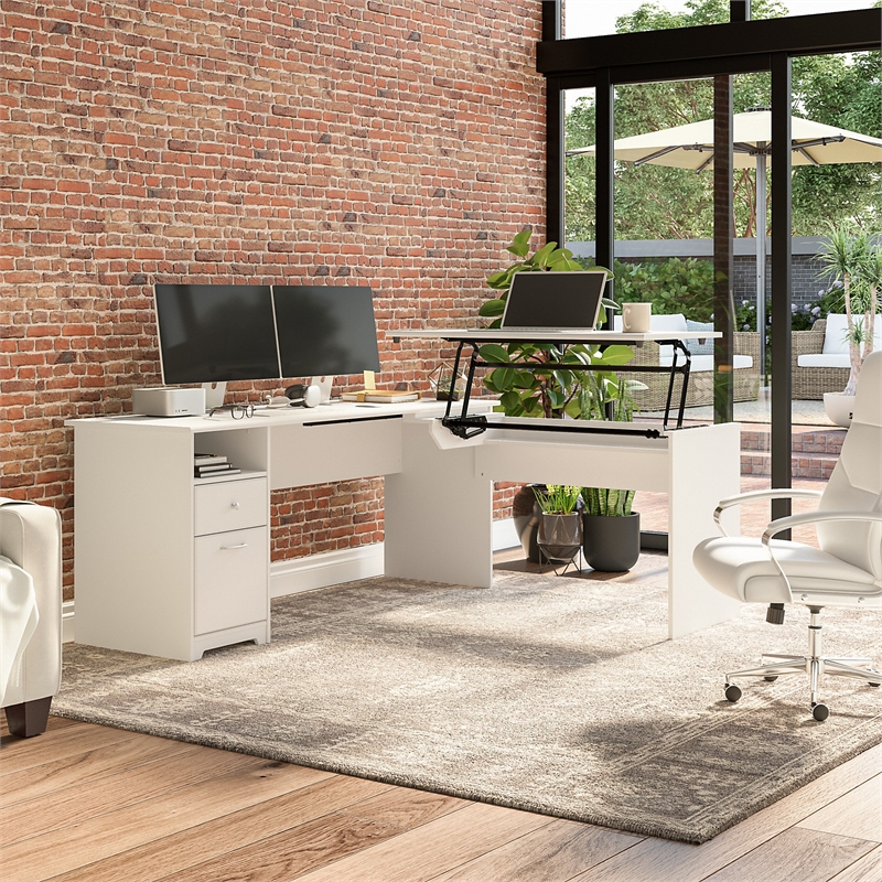 Pemberly Row 72W 3 Position Sit to Stand L Desk in White - Engineered Wood