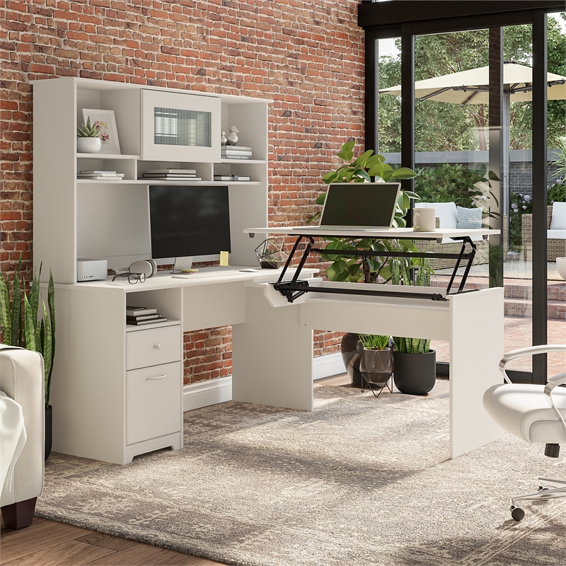 Pemberly Row 60W Sit to Stand L Desk with Hutch in White - Engineered Wood