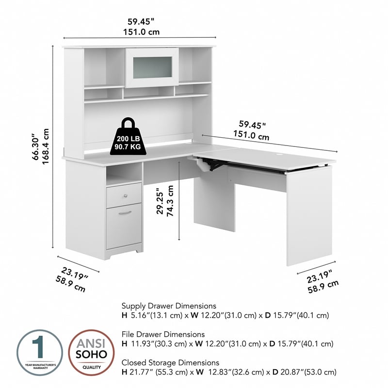 Pemberly Row 60W Sit to Stand L Desk with Hutch in White - Engineered Wood
