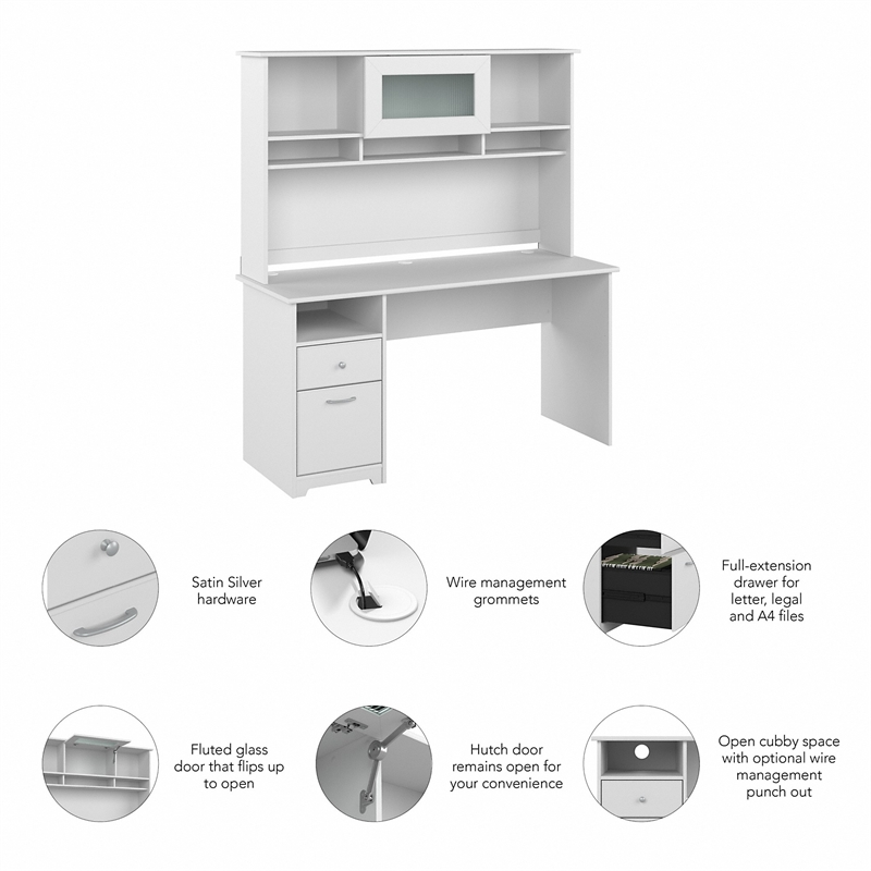 Pemberly Row 60W Computer Desk with Hutch in White - Engineered Wood