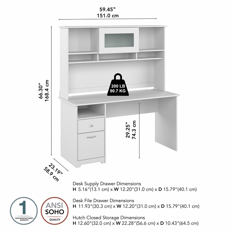 Pemberly Row 60W Computer Desk with Hutch in White - Engineered Wood