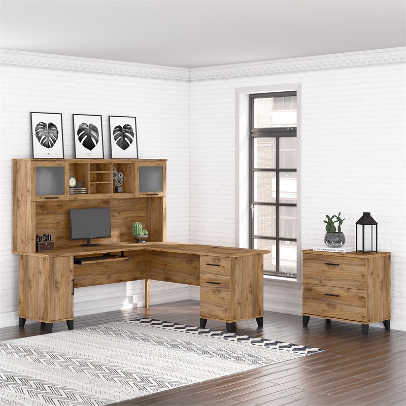 Pemberly Row 72W Desk Hutch in Fresh Walnut - Engineered Wood