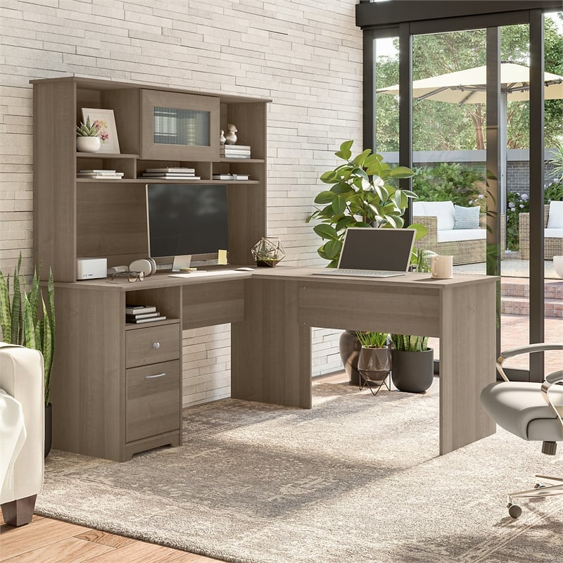 Pemberly Row 60W L Shaped Computer Desk with Hutch in Ash Gray - Engineered Wood
