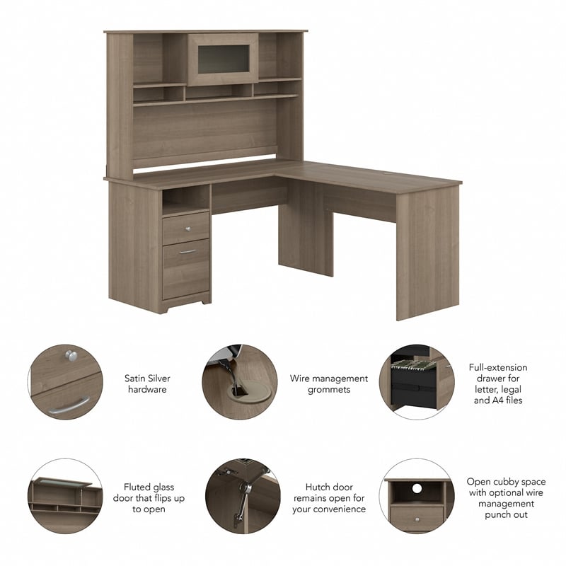 Pemberly Row 60W L Shaped Computer Desk with Hutch in Ash Gray - Engineered Wood