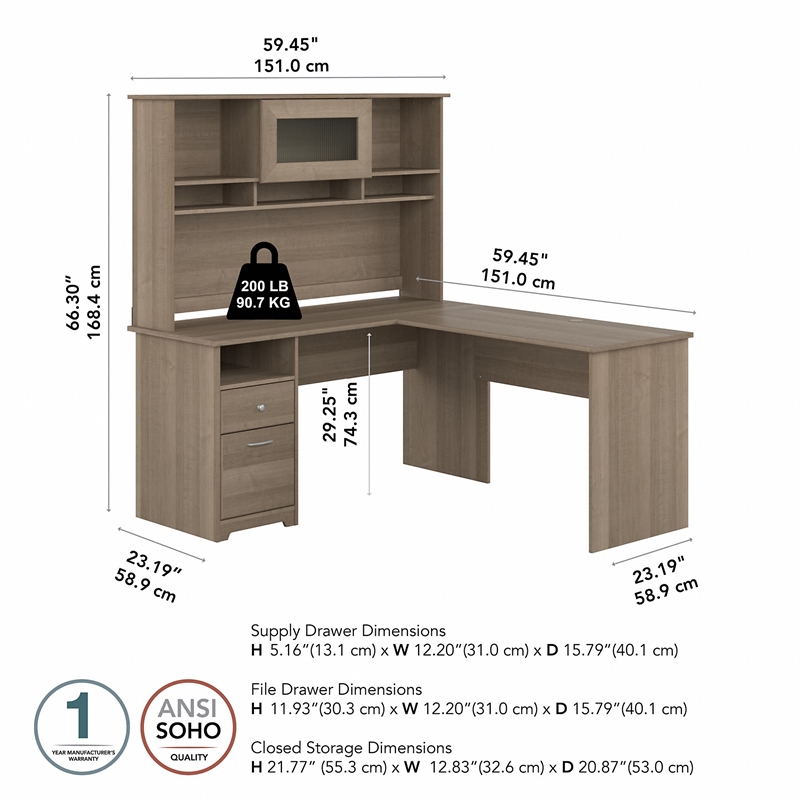 Pemberly Row 60W L Shaped Computer Desk with Hutch in Ash Gray - Engineered Wood