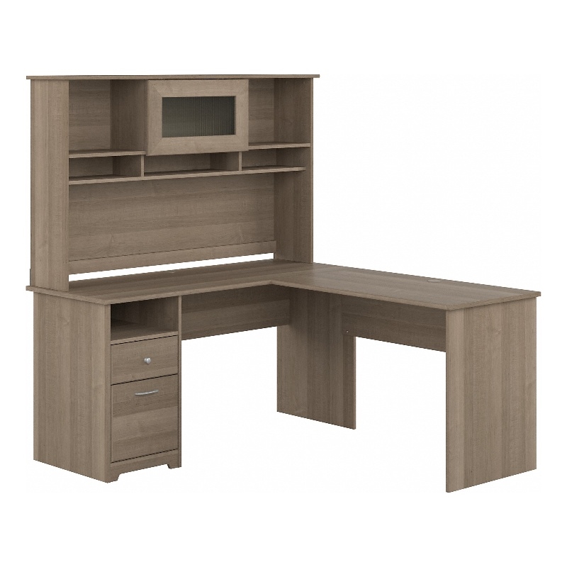 Pemberly Row 60W L Shaped Computer Desk with Hutch in Ash Gray - Engineered Wood