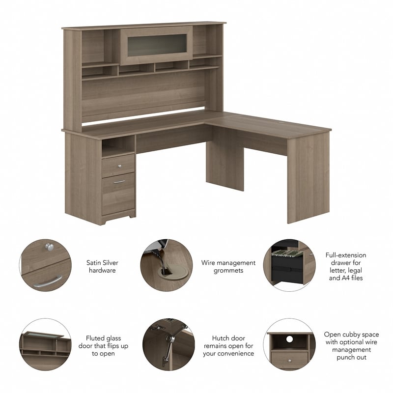 Pemberly Row 72W L Shaped Computer Desk with Hutch in Ash Gray - Engineered Wood