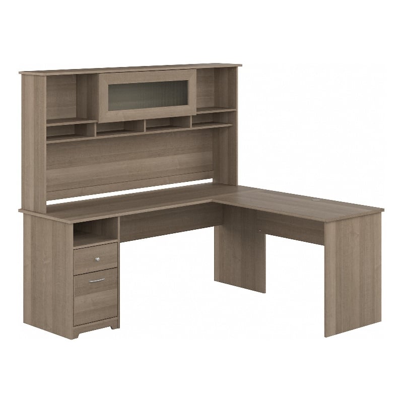 Pemberly Row 72W L Shaped Computer Desk with Hutch in Ash Gray - Engineered Wood
