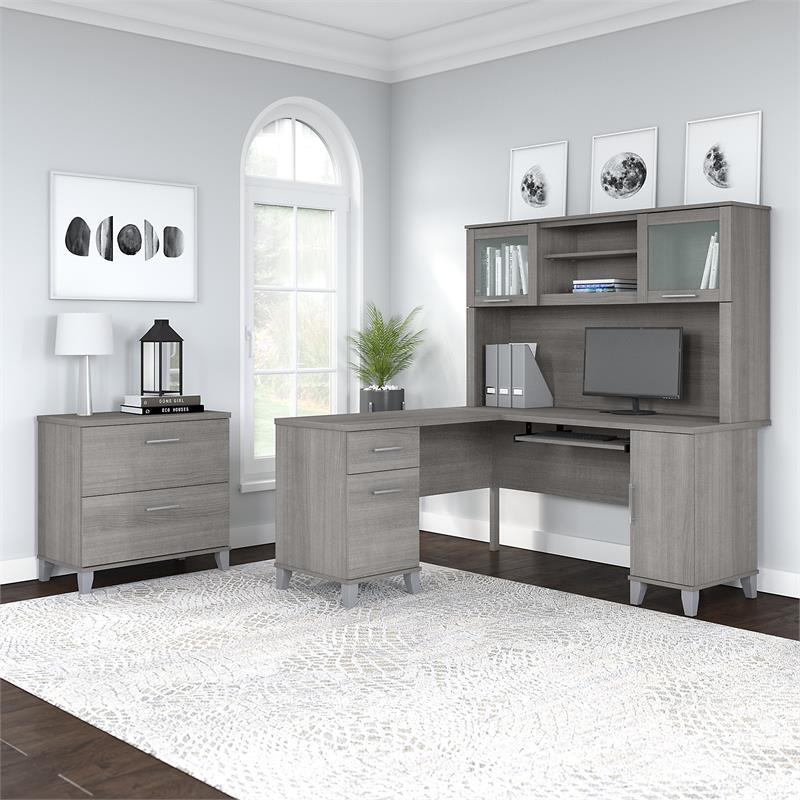 Pemberly Row Engineered Wood 60W L Shaped Desk with Hutch & File Cabinet in Gray