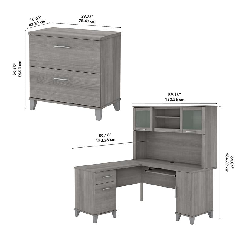 Pemberly Row Engineered Wood 60W L Shaped Desk with Hutch & File Cabinet in Gray