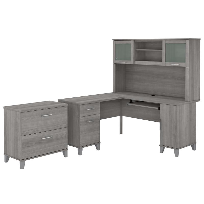 Pemberly Row Engineered Wood 60W L Shaped Desk with Hutch & File Cabinet in Gray