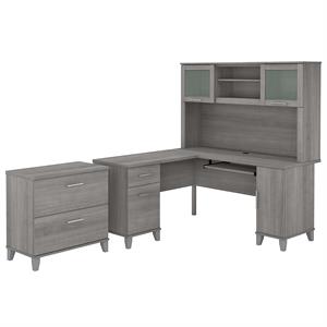Pemberly Row Engineered Wood 60W L Shaped Desk with Hutch & File Cabinet in Gray