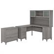 Pemberly Row Engineered Wood 60W L Shaped Desk with Hutch & File Cabinet in Gray