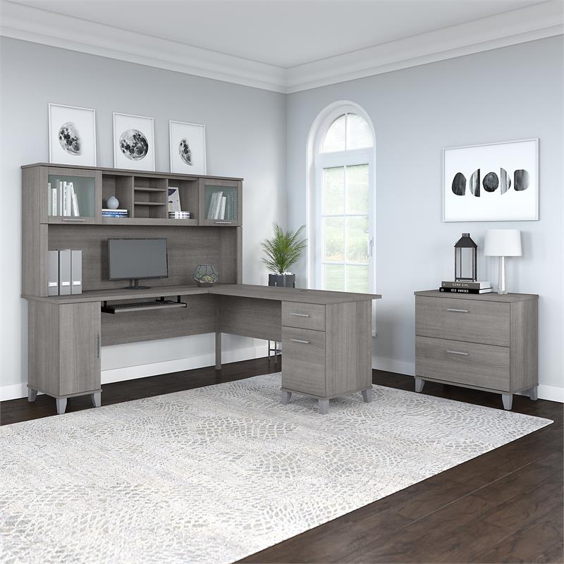 Pemberly Row Engineered Wood 72W L Shaped Desk with Hutch & File Cabinet in Gray