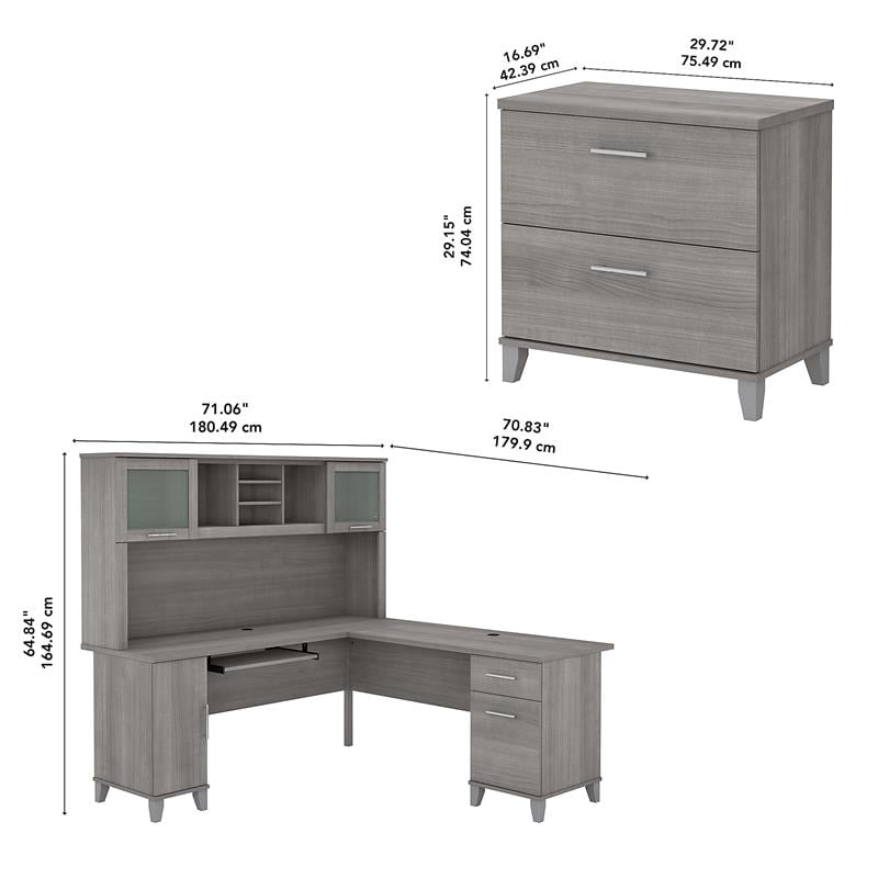 Pemberly Row Engineered Wood 72W L Shaped Desk with Hutch & File Cabinet in Gray