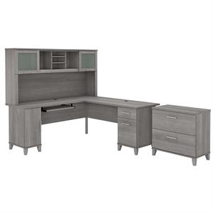 Pemberly Row Engineered Wood 72W L Shaped Desk with Hutch & File Cabinet in Gray