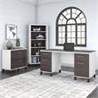 Pemberly Row Engineered Wood 60W Desk with File Cabinet & Bookcase in White/Gray