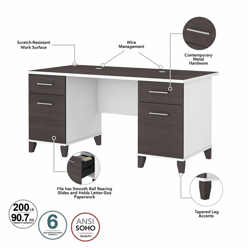 Pemberly Row Engineered Wood 60W Desk with File Cabinet & Bookcase in White/Gray