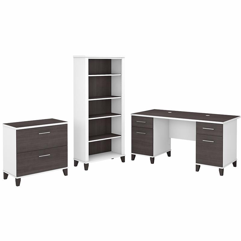 Pemberly Row Engineered Wood 60W Desk with File Cabinet & Bookcase in White/Gray