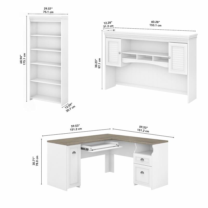 Pemberly Row L Desk with Hutch and Bookcase in White and Gray - Engineered Wood