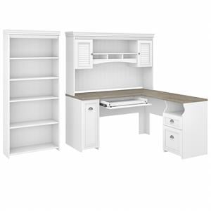 Pemberly Row L Desk with Hutch and Bookcase in White and Gray - Engineered Wood