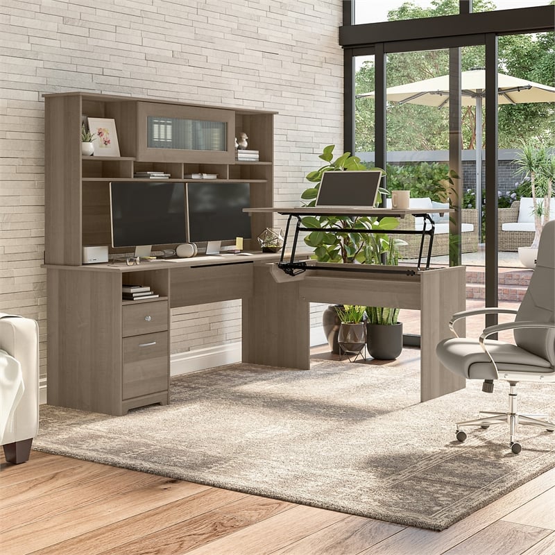 Pemberly Row 72W Sit to Stand L Desk with Hutch in Ash Gray - Engineered Wood