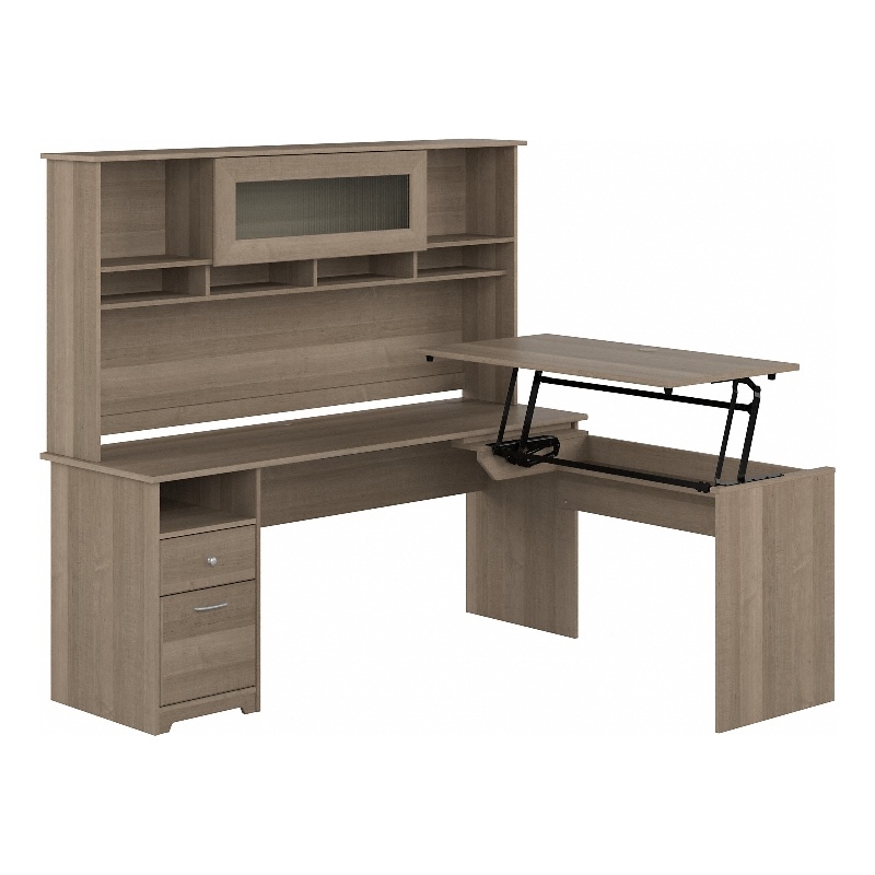 Pemberly Row 72W Sit to Stand L Desk with Hutch in Ash Gray - Engineered Wood