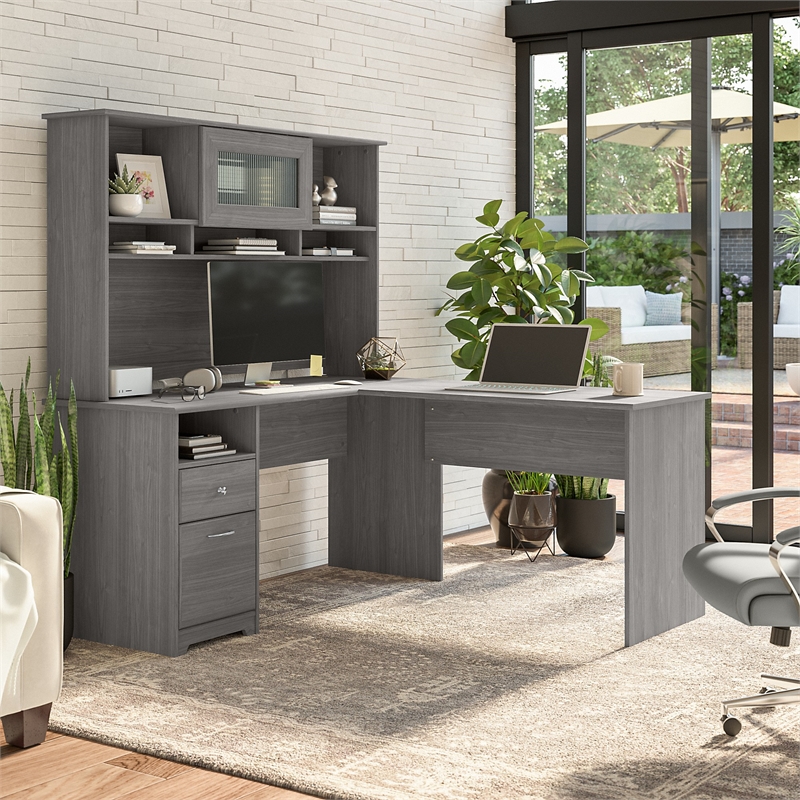 Pemberly Row Engineered Wood 60W L Shaped Desk with Hutch and Drawers - Gray