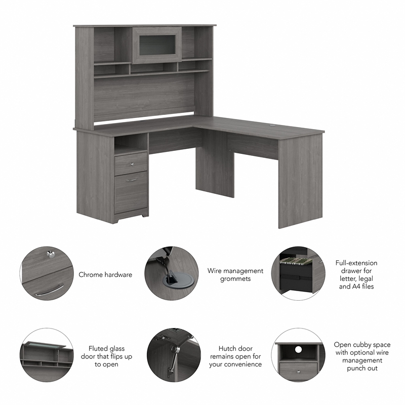 Pemberly Row Engineered Wood 60W L Shaped Desk with Hutch and Drawers - Gray